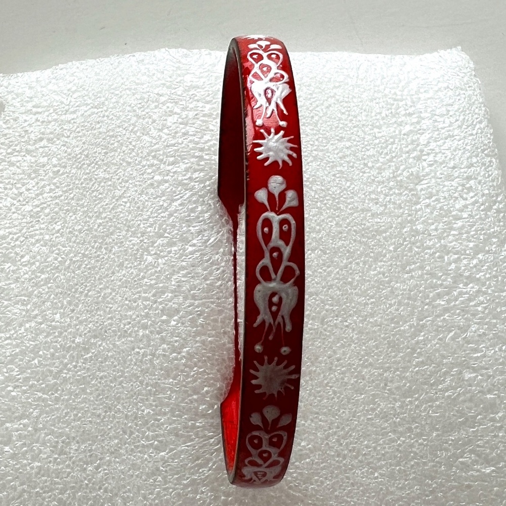 Austrian Handmade Enamel And Brass Bangle Folk Art 1960s Red and White
